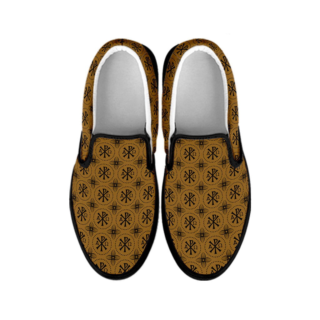 Gold And Black Orthodox Pattern Print Black Slip On Shoes