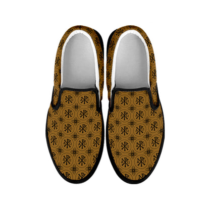 Gold And Black Orthodox Pattern Print Black Slip On Shoes