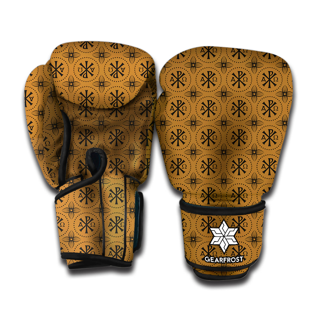 Gold And Black Orthodox Pattern Print Boxing Gloves