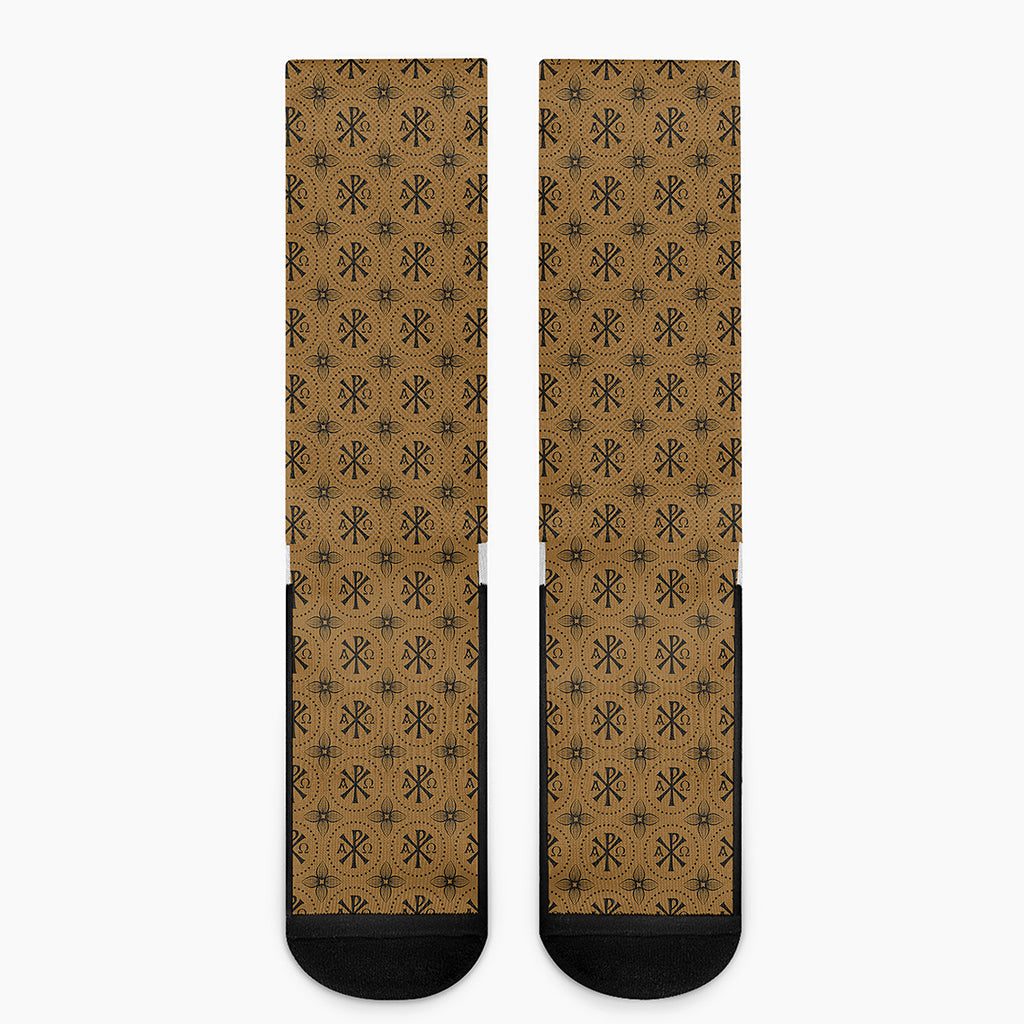 Gold And Black Orthodox Pattern Print Crew Socks