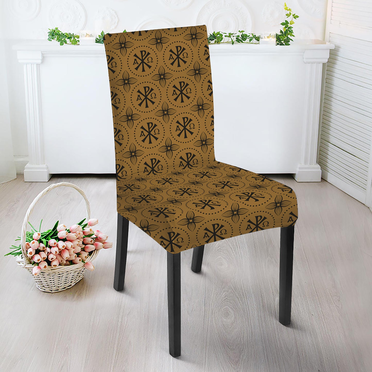 Gold And Black Orthodox Pattern Print Dining Chair Slipcover