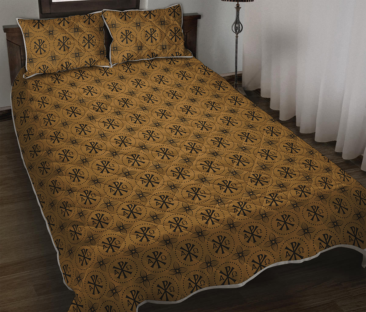 Gold And Black Orthodox Pattern Print Quilt Bed Set