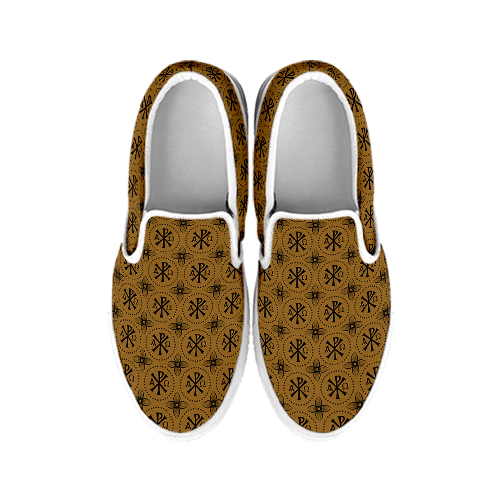 Gold And Black Orthodox Pattern Print White Slip On Shoes