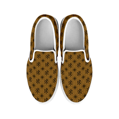 Gold And Black Orthodox Pattern Print White Slip On Shoes