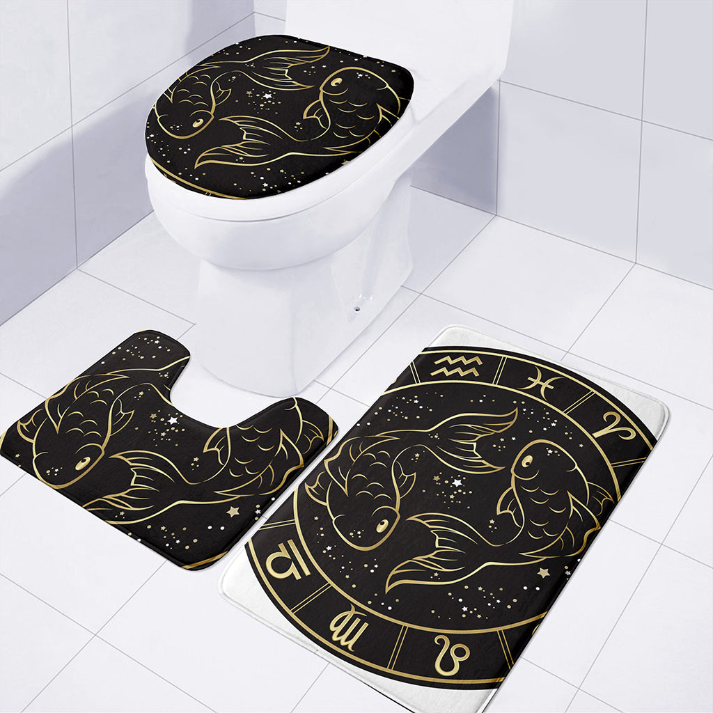 Gold And Black Pisces Sign Print 3 Piece Bath Mat Set