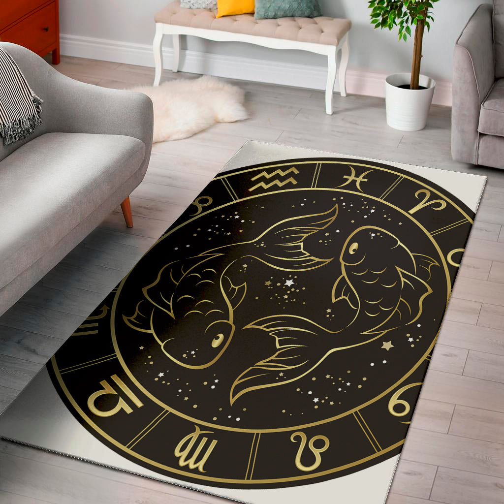 Gold And Black Pisces Sign Print Area Rug