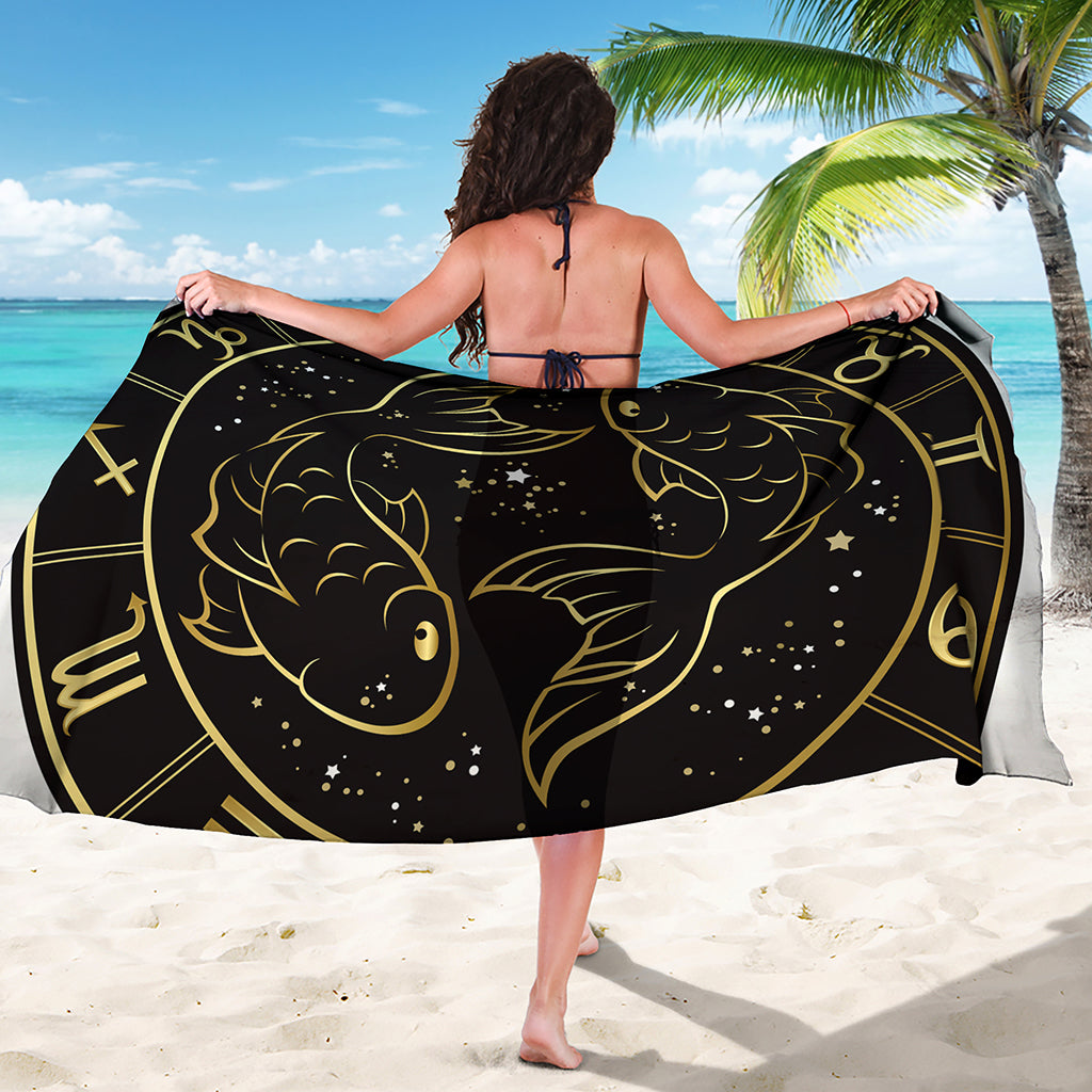 Gold And Black Pisces Sign Print Beach Sarong Wrap