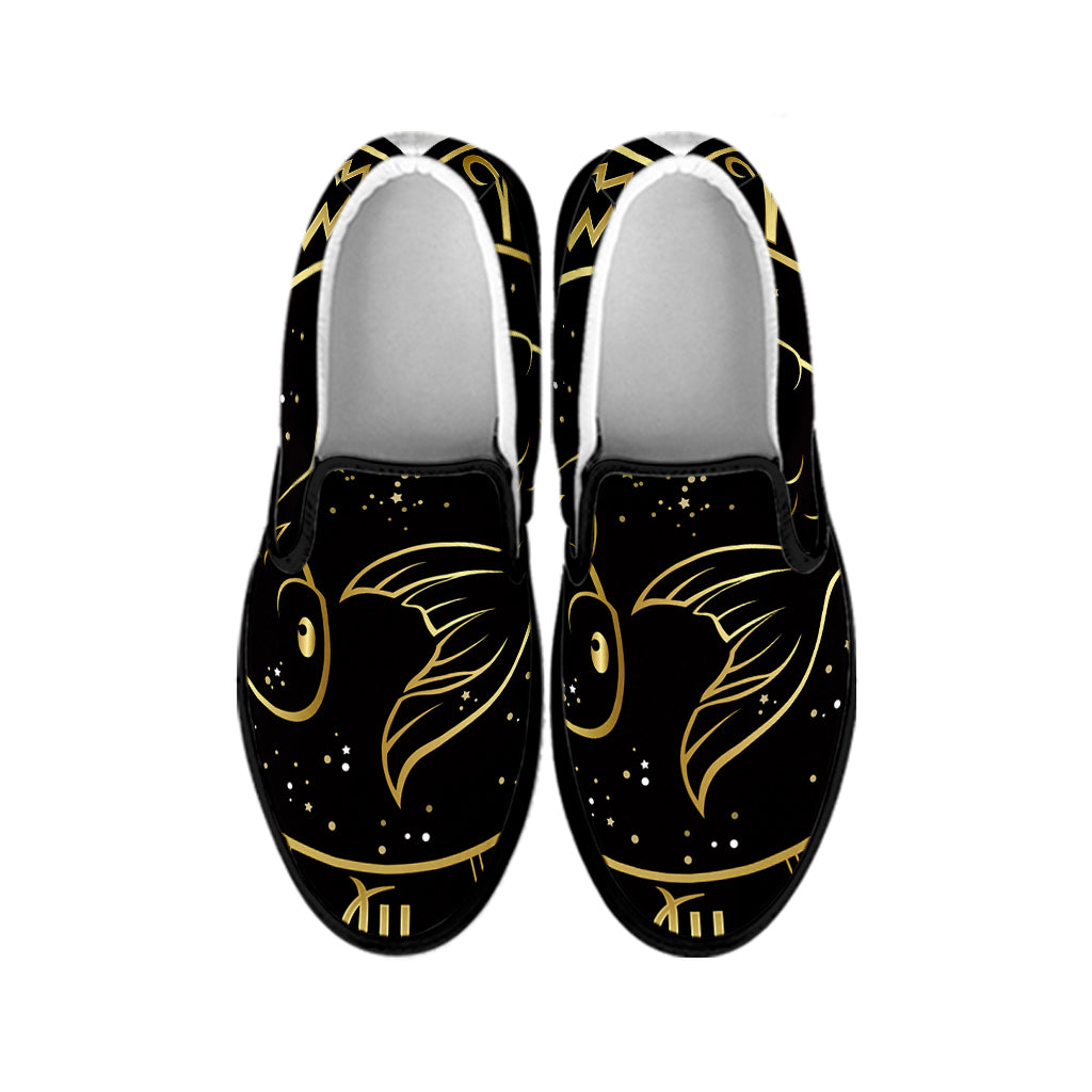 Gold And Black Pisces Sign Print Black Slip On Shoes