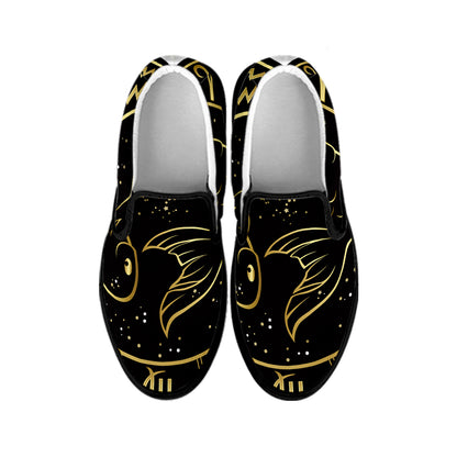 Gold And Black Pisces Sign Print Black Slip On Shoes