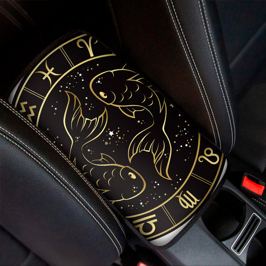Gold And Black Pisces Sign Print Car Center Console Cover