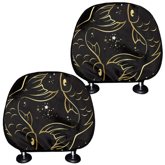 Gold And Black Pisces Sign Print Car Headrest Covers