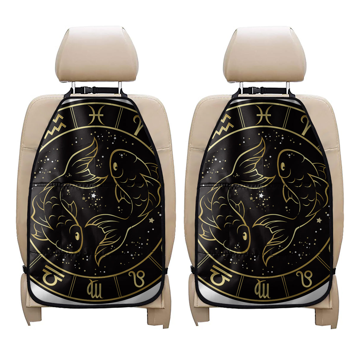 Gold And Black Pisces Sign Print Car Seat Organizers