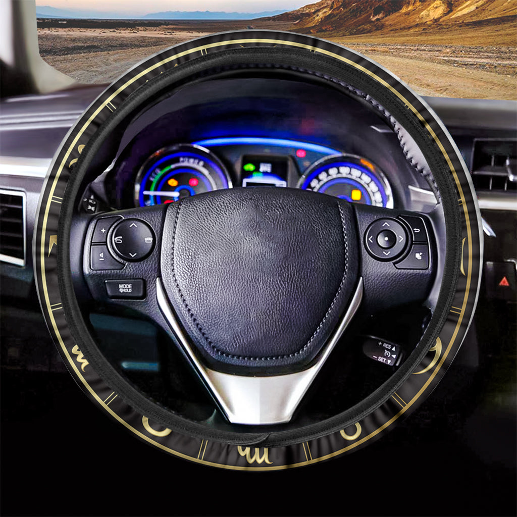 Gold And Black Pisces Sign Print Car Steering Wheel Cover