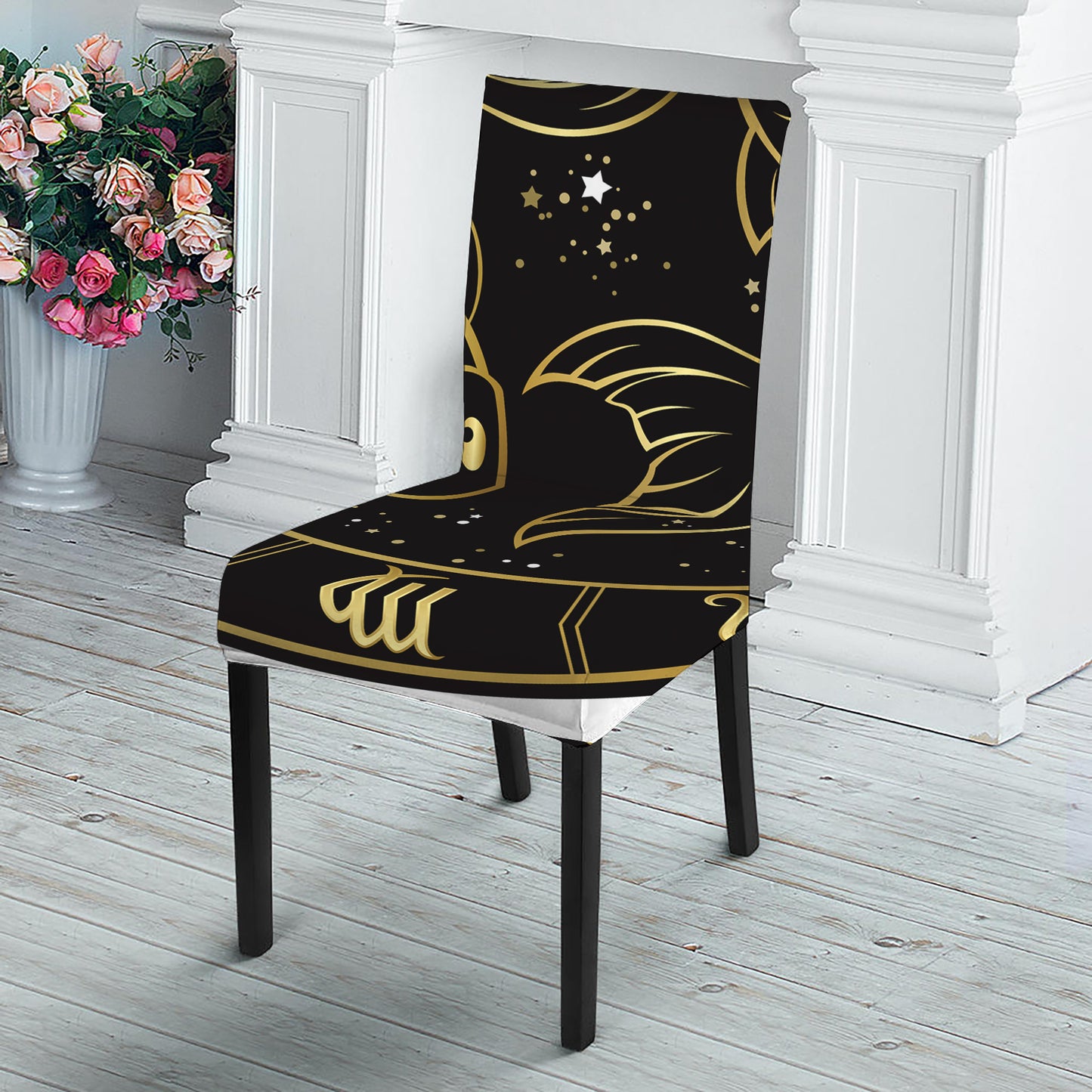 Gold And Black Pisces Sign Print Dining Chair Slipcover