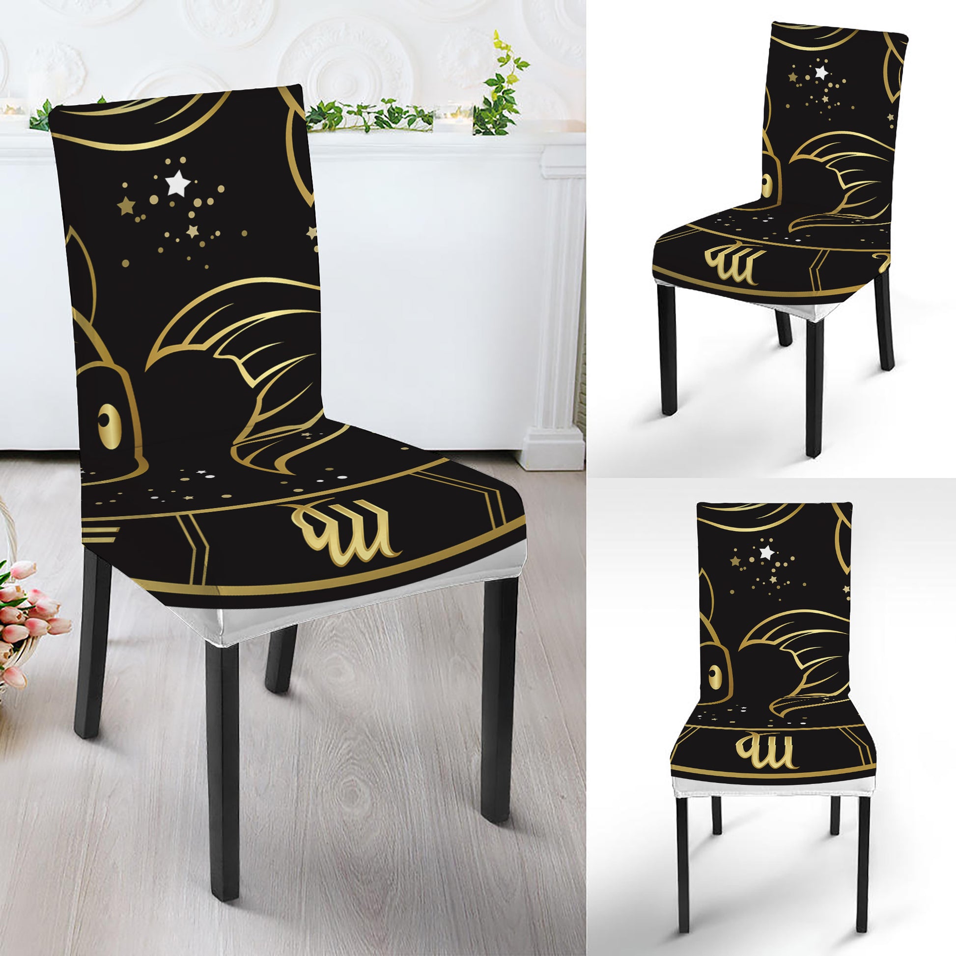 Gold And Black Pisces Sign Print Dining Chair Slipcover