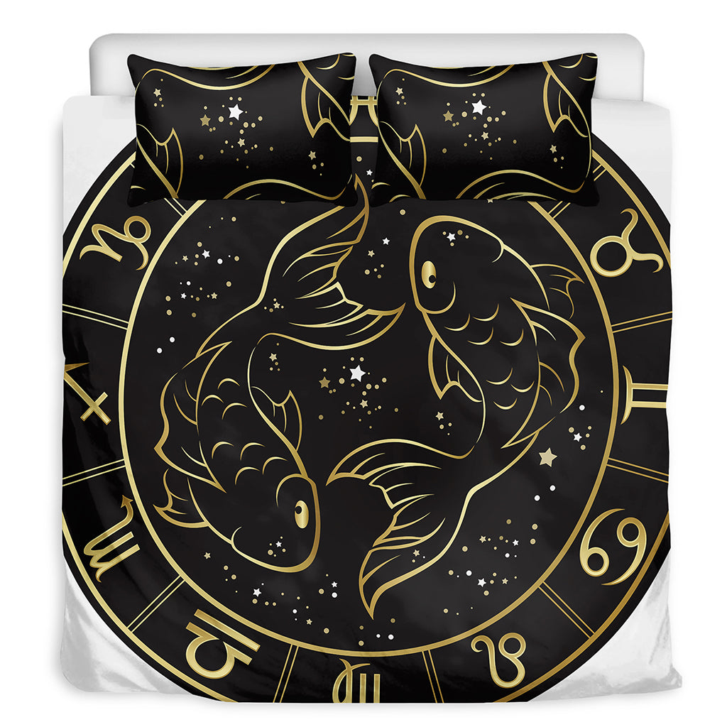 Gold And Black Pisces Sign Print Duvet Cover Bedding Set