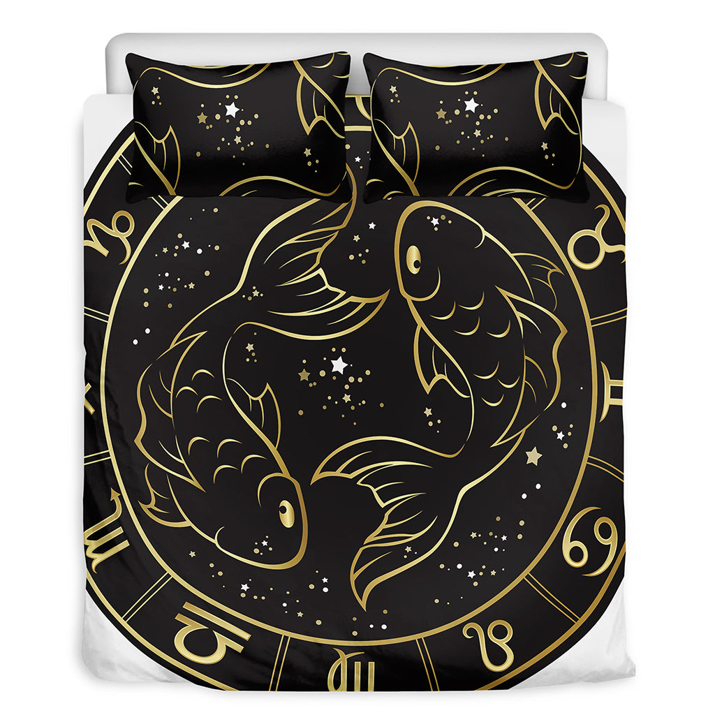 Gold And Black Pisces Sign Print Duvet Cover Bedding Set