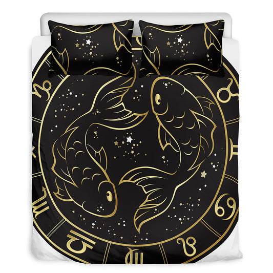 Gold And Black Pisces Sign Print Duvet Cover Bedding Set