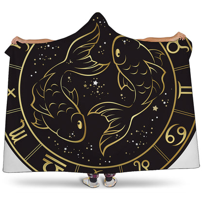 Gold And Black Pisces Sign Print Hooded Blanket