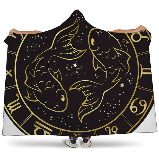 Gold And Black Pisces Sign Print Hooded Blanket