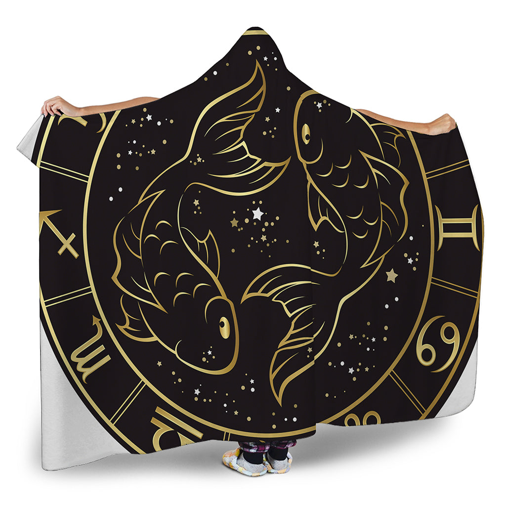 Gold And Black Pisces Sign Print Hooded Blanket