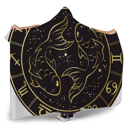 Gold And Black Pisces Sign Print Hooded Blanket