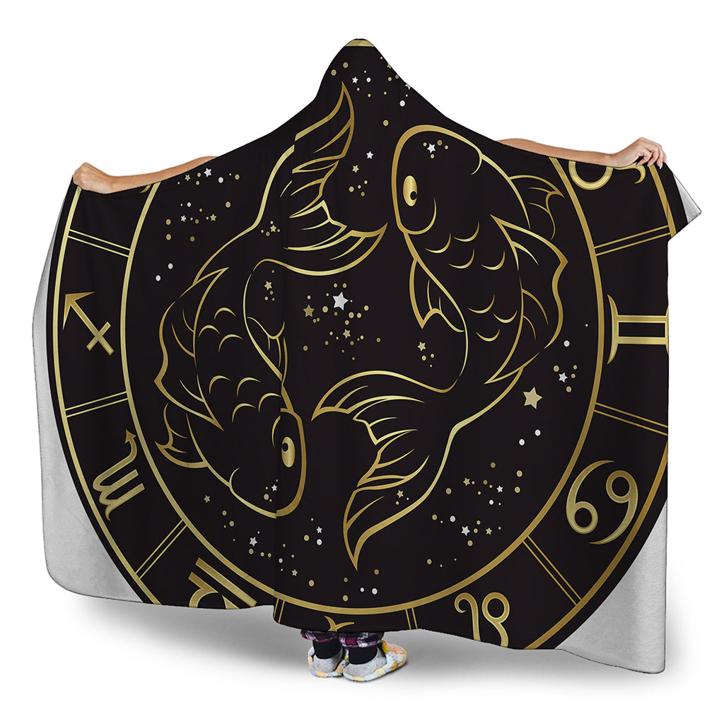 Gold And Black Pisces Sign Print Hooded Blanket