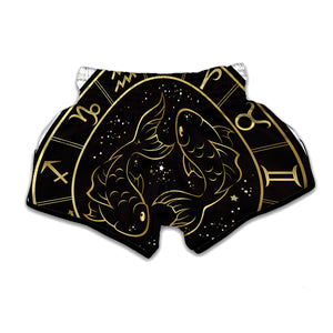 Gold And Black Pisces Sign Print Muay Thai Boxing Shorts