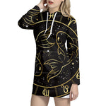 Gold And Black Pisces Sign Print Pullover Hoodie Dress