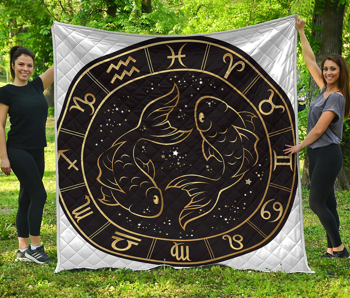 Gold And Black Pisces Sign Print Quilt