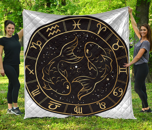 Gold And Black Pisces Sign Print Quilt