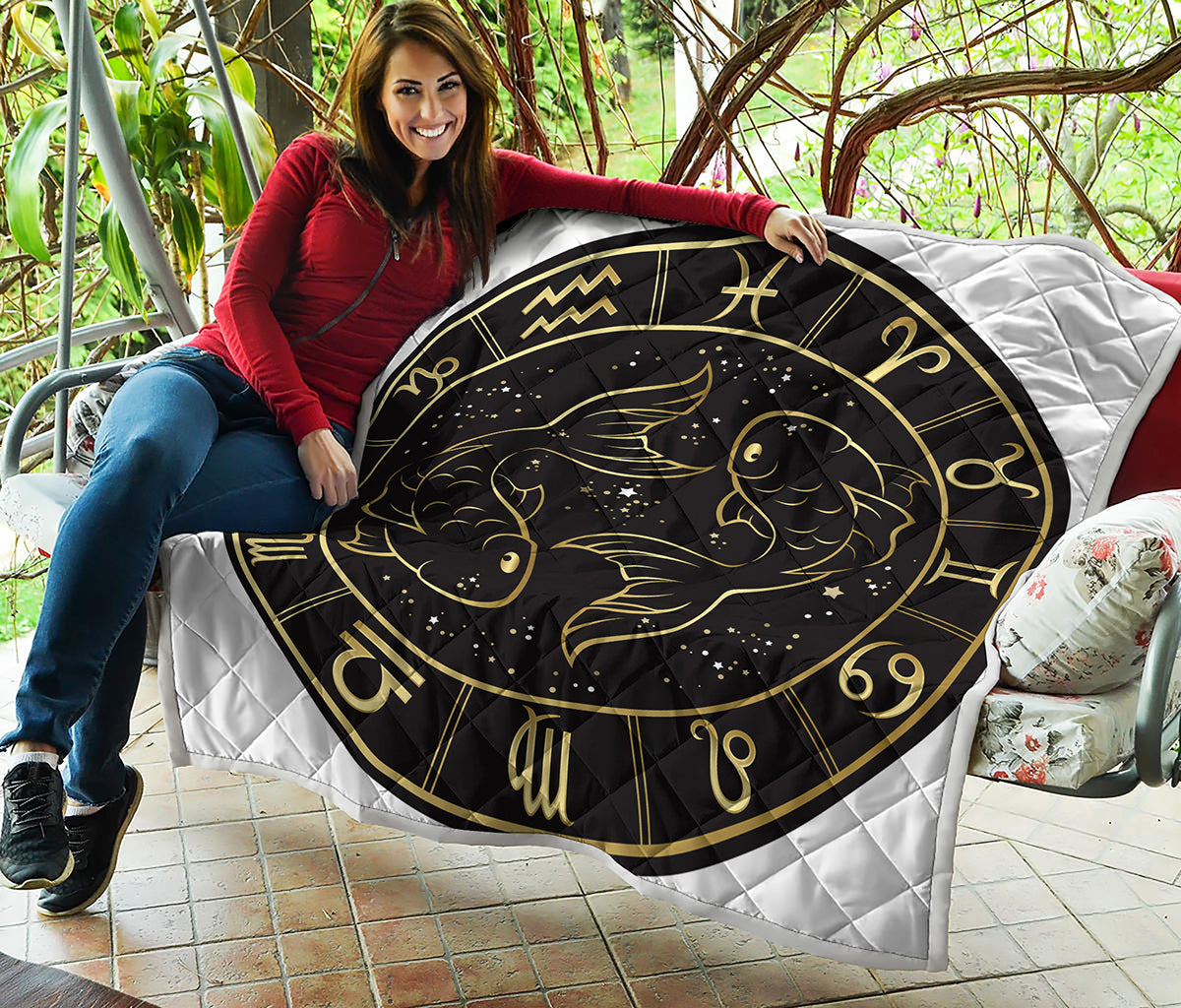 Gold And Black Pisces Sign Print Quilt