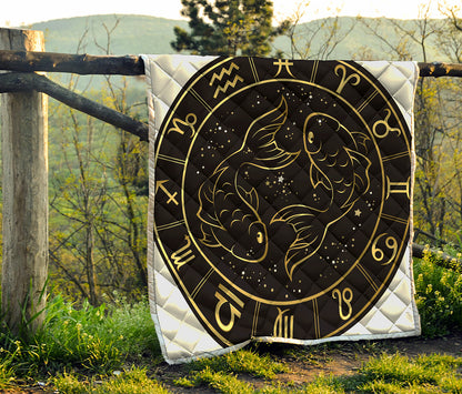 Gold And Black Pisces Sign Print Quilt