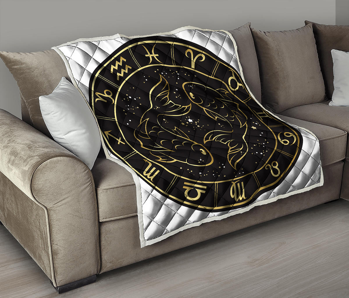 Gold And Black Pisces Sign Print Quilt