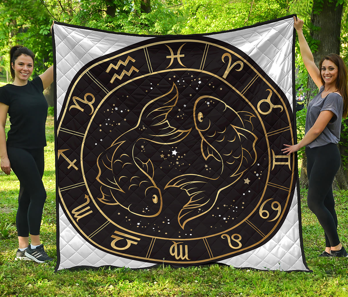 Gold And Black Pisces Sign Print Quilt