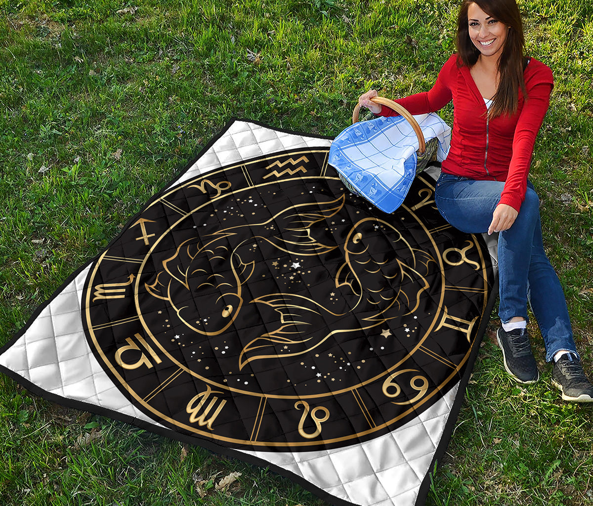 Gold And Black Pisces Sign Print Quilt