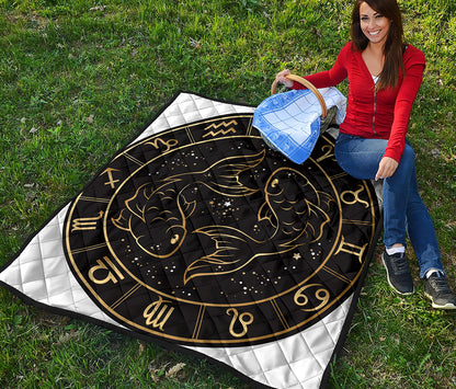 Gold And Black Pisces Sign Print Quilt