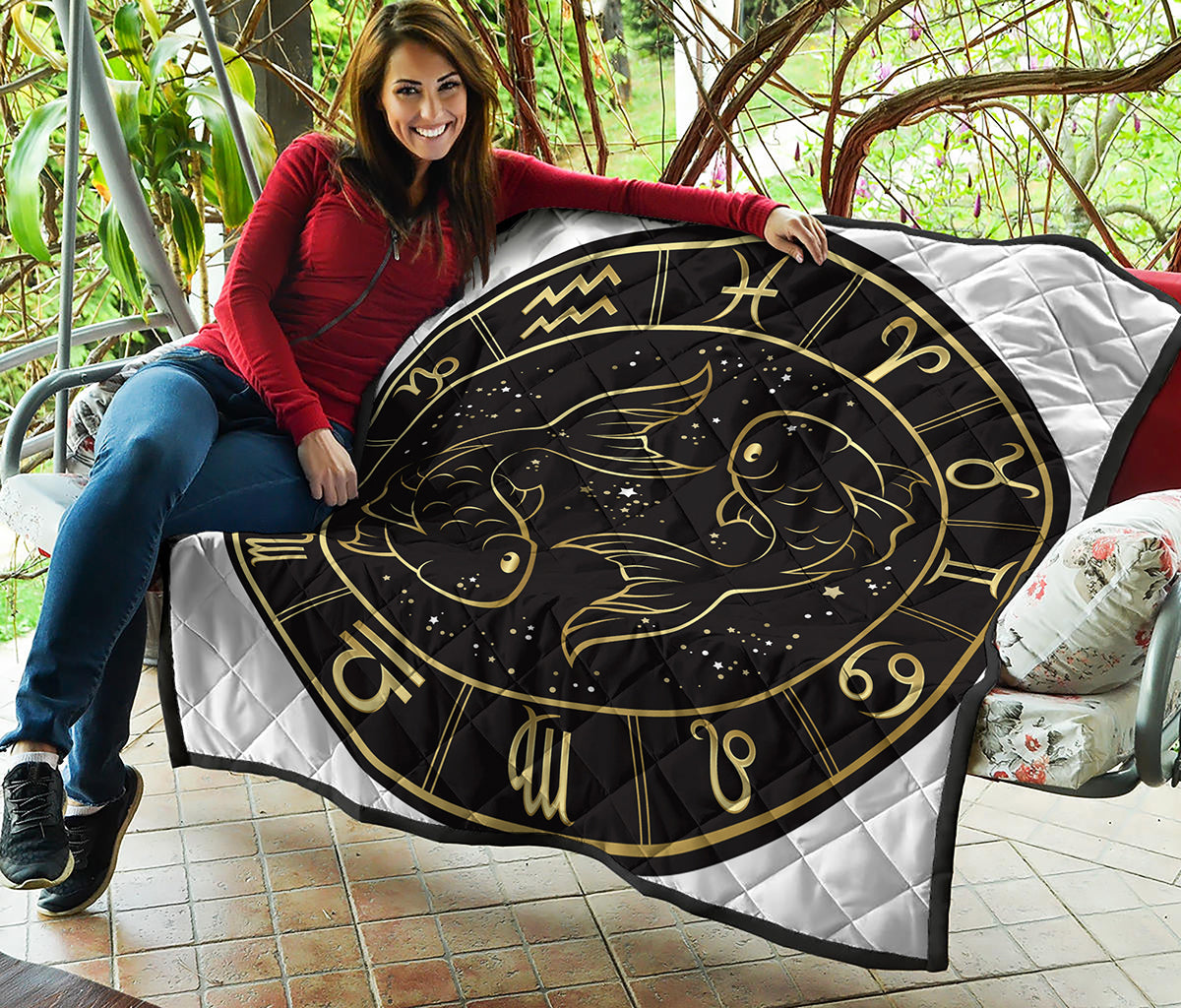 Gold And Black Pisces Sign Print Quilt