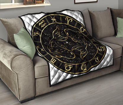 Gold And Black Pisces Sign Print Quilt