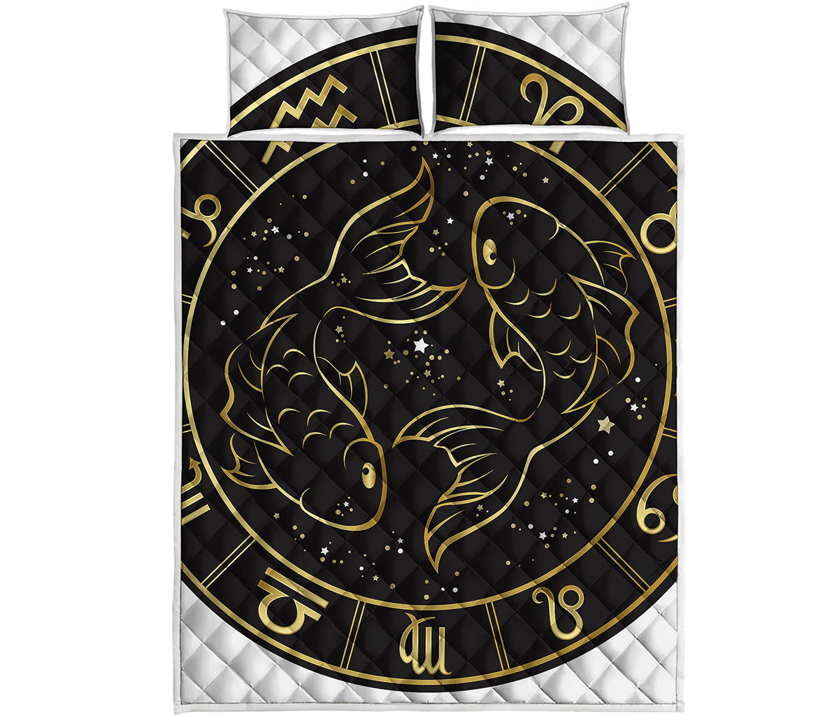 Gold And Black Pisces Sign Print Quilt Bed Set