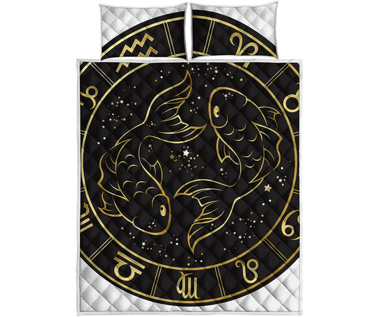 Gold And Black Pisces Sign Print Quilt Bed Set