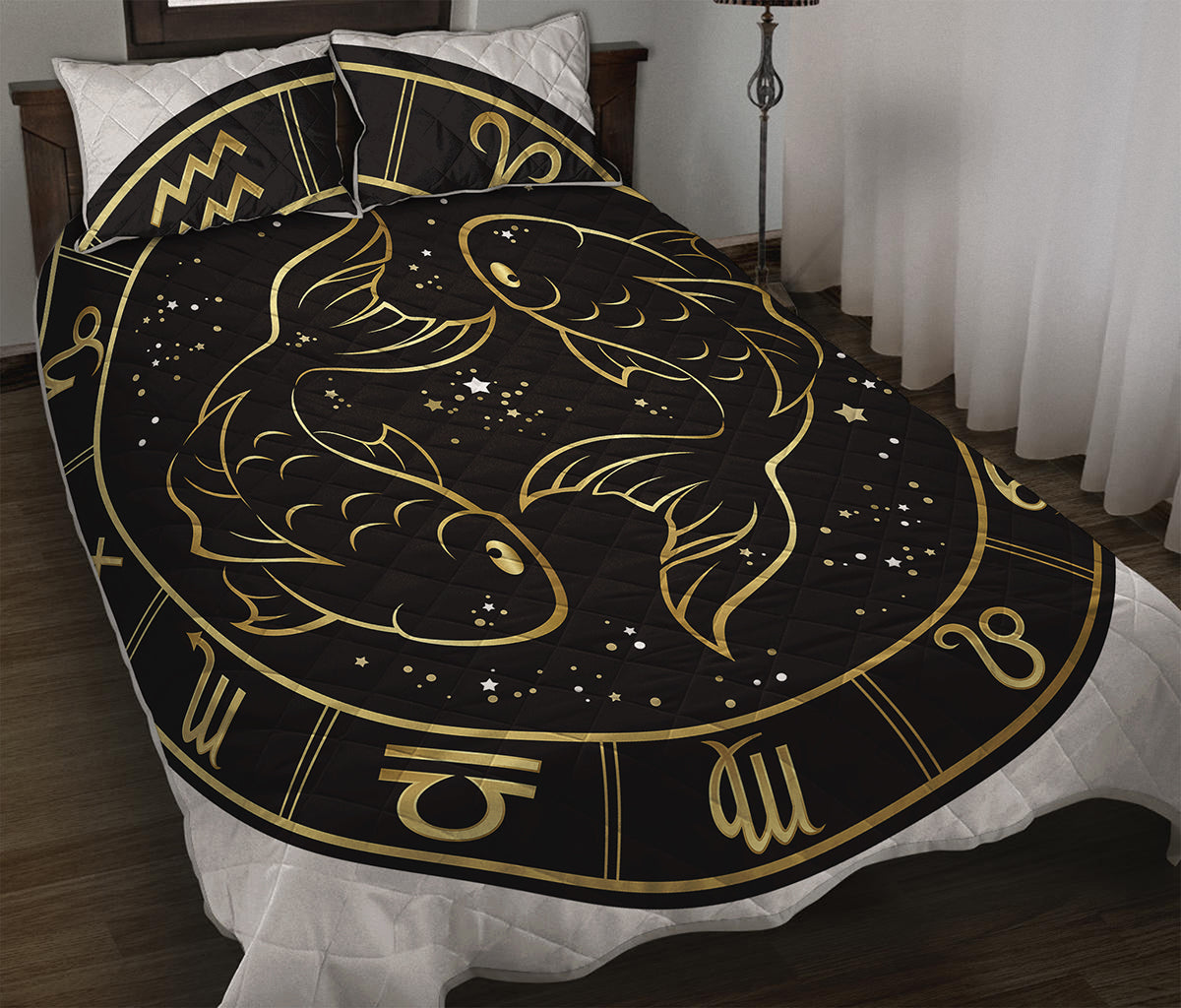 Gold And Black Pisces Sign Print Quilt Bed Set
