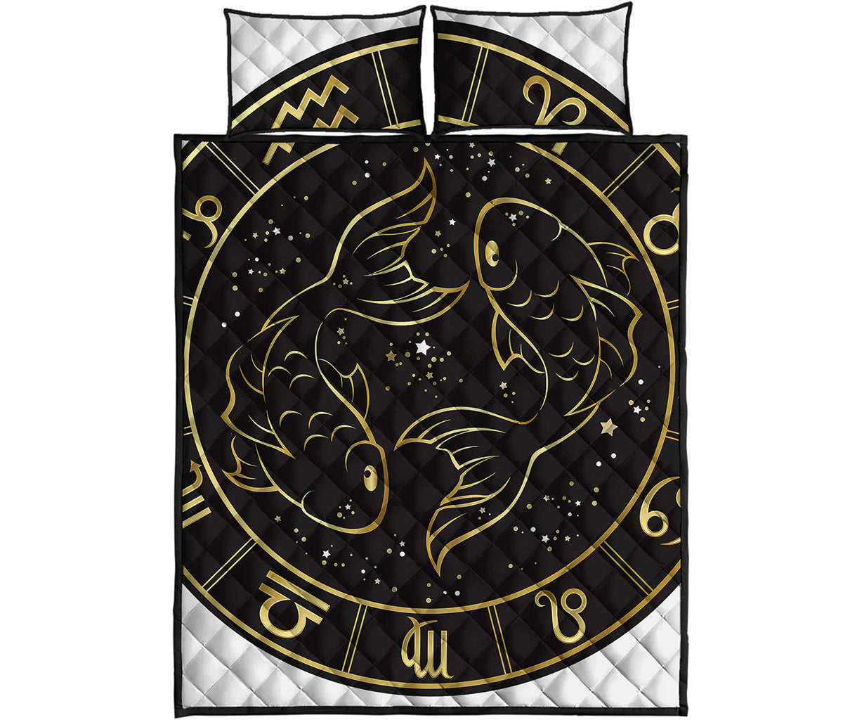 Gold And Black Pisces Sign Print Quilt Bed Set