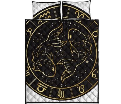 Gold And Black Pisces Sign Print Quilt Bed Set