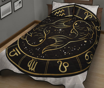 Gold And Black Pisces Sign Print Quilt Bed Set