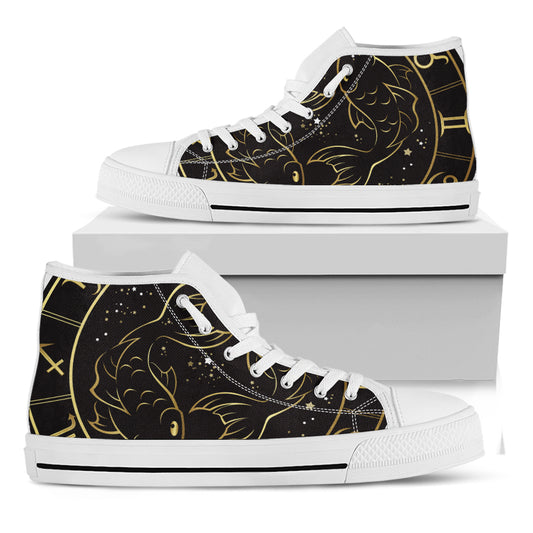 Gold And Black Pisces Sign Print White High Top Shoes