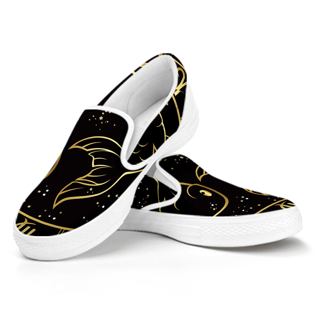 Gold And Black Pisces Sign Print White Slip On Shoes
