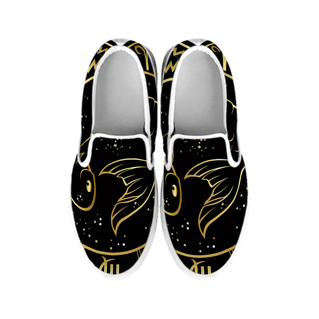 Gold And Black Pisces Sign Print White Slip On Shoes