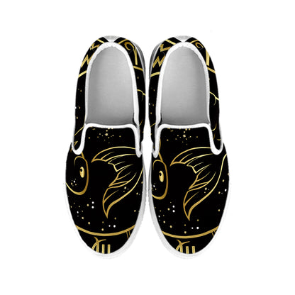 Gold And Black Pisces Sign Print White Slip On Shoes