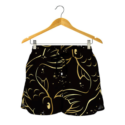 Gold And Black Pisces Sign Print Women's Shorts